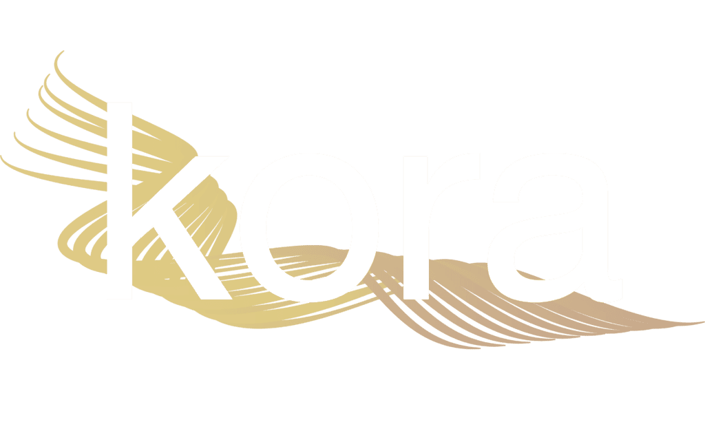 A stylized logo with the text 'kora' and flowing golden wave elements.